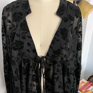 Free People Black Burnout Jacket with front tie closure.